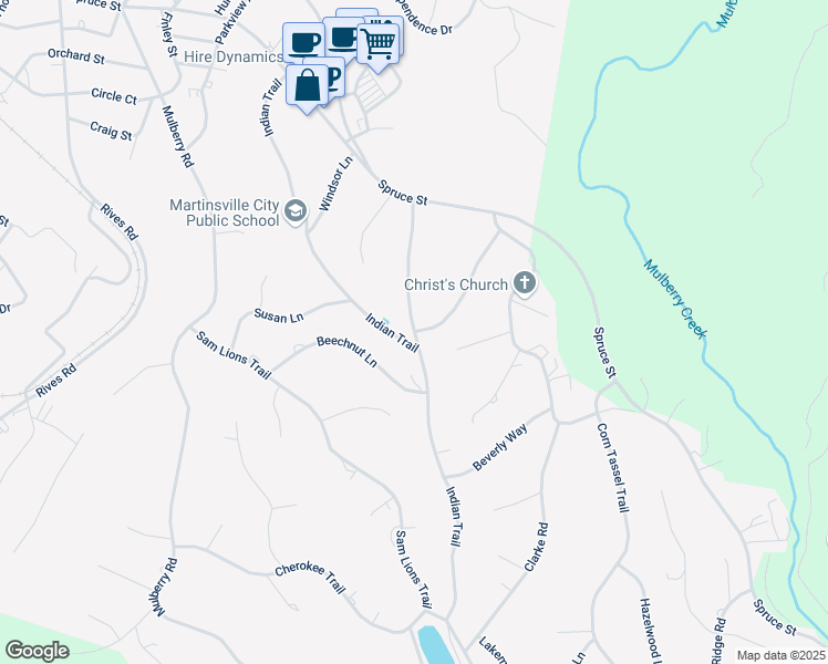 map of restaurants, bars, coffee shops, grocery stores, and more near 799 Grattan Road in Martinsville