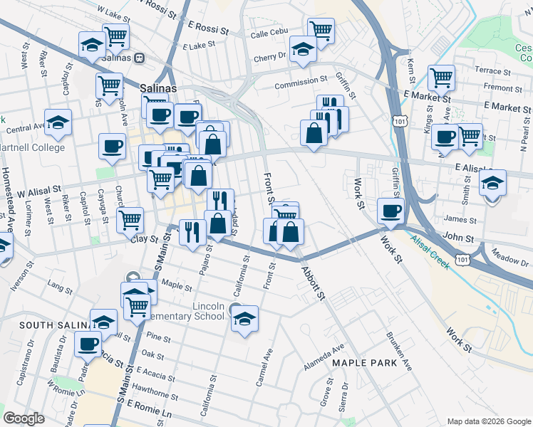 map of restaurants, bars, coffee shops, grocery stores, and more near 430 Front Street in Salinas