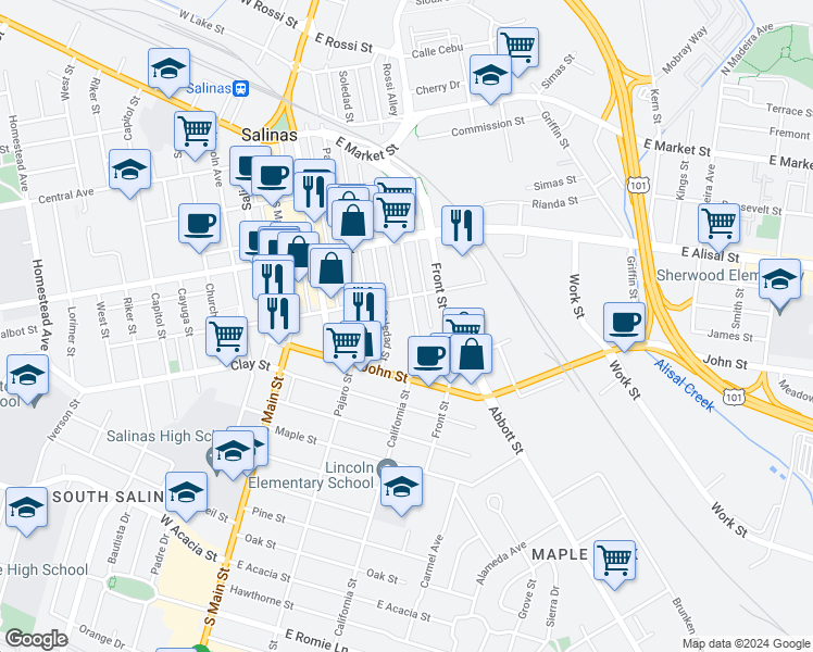 map of restaurants, bars, coffee shops, grocery stores, and more near 418 California Street in Salinas
