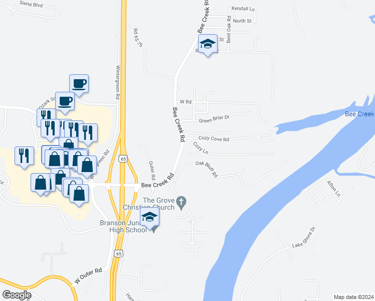 map of restaurants, bars, coffee shops, grocery stores, and more near 164 Cozy Court in Branson