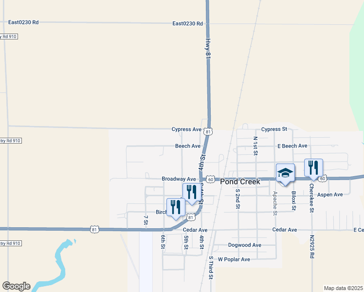 map of restaurants, bars, coffee shops, grocery stores, and more near 180 5th Street in Pond Creek