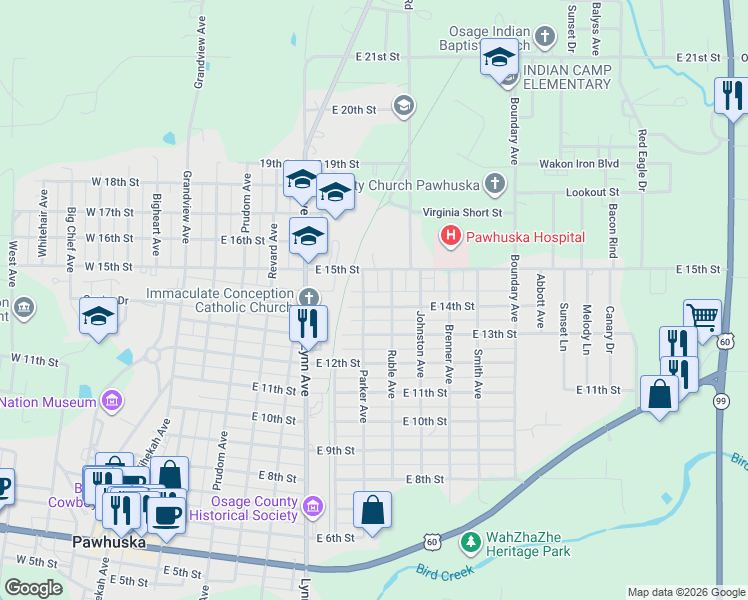 map of restaurants, bars, coffee shops, grocery stores, and more near 1413 Ruble Avenue in Pawhuska