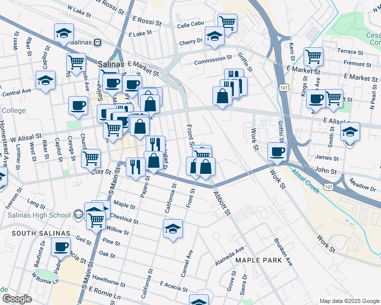 map of restaurants, bars, coffee shops, grocery stores, and more near 428 Front Street in Salinas