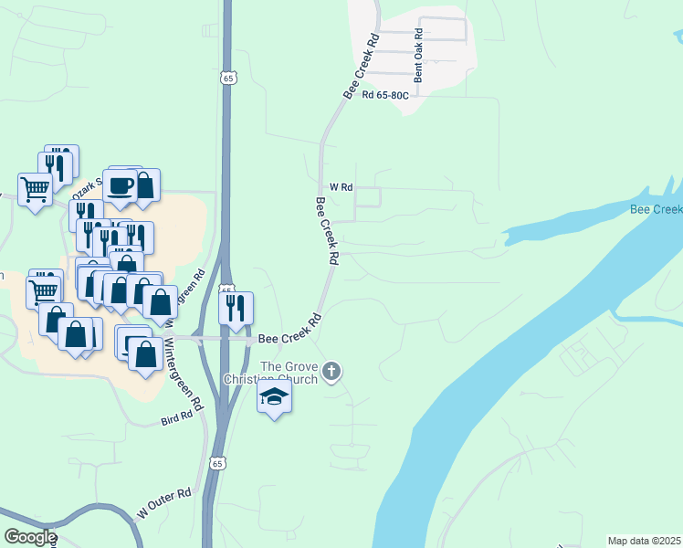 map of restaurants, bars, coffee shops, grocery stores, and more near 164 Cozy Court in Branson
