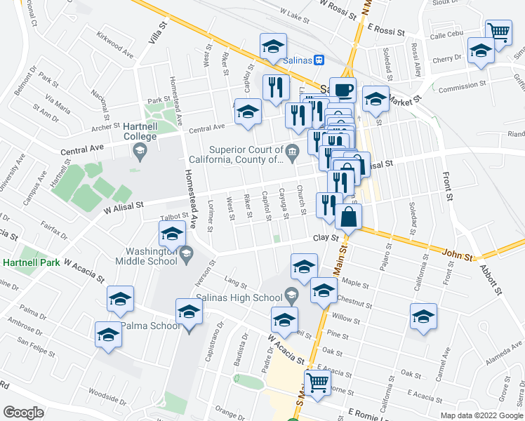 map of restaurants, bars, coffee shops, grocery stores, and more near 334 Capitol Street in Salinas