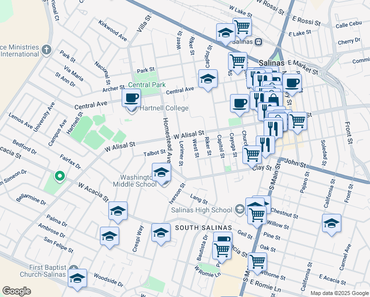map of restaurants, bars, coffee shops, grocery stores, and more near 321 Lorimer Street in Salinas