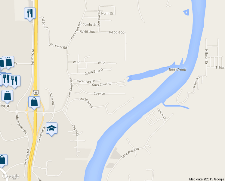 map of restaurants, bars, coffee shops, grocery stores, and more near 403 Cozy Lane in Branson