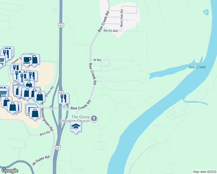 map of restaurants, bars, coffee shops, grocery stores, and more near 181 Cozy Lane in Branson