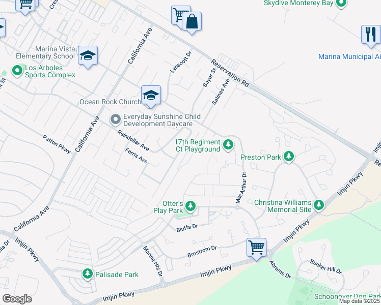 map of restaurants, bars, coffee shops, grocery stores, and more near 3073 Arroyo Drive in Marina