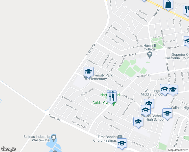 map of restaurants, bars, coffee shops, grocery stores, and more near University Avenue in Salinas