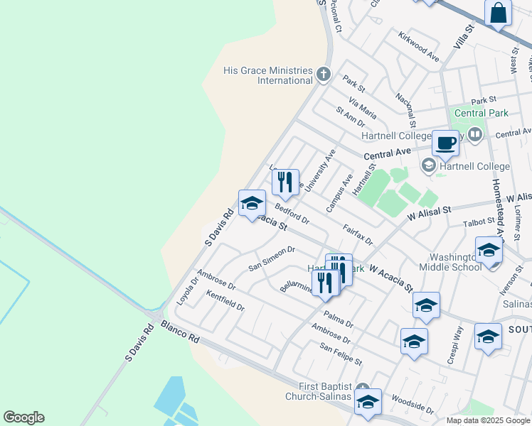 map of restaurants, bars, coffee shops, grocery stores, and more near 830 West Acacia Street in Salinas