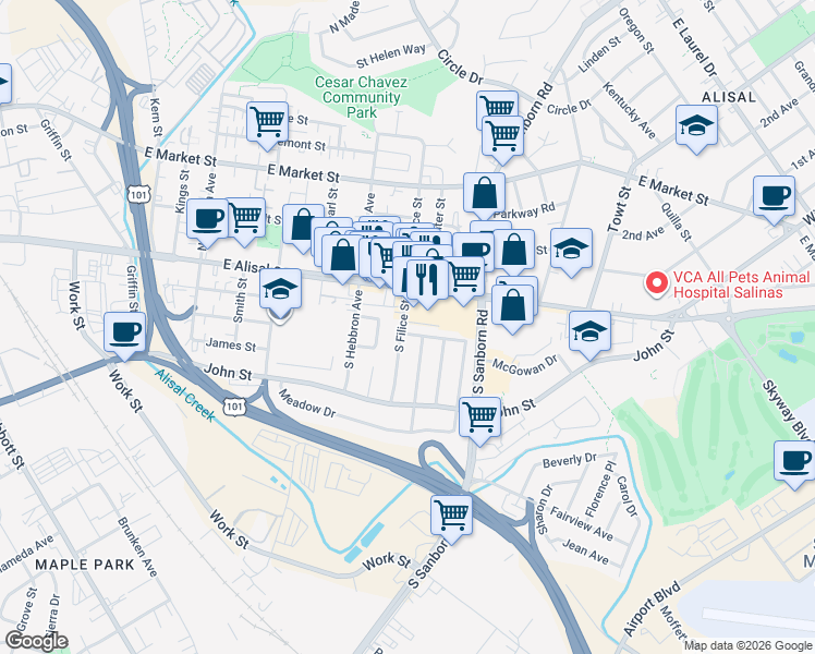 map of restaurants, bars, coffee shops, grocery stores, and more near 805 Garden Way in Salinas