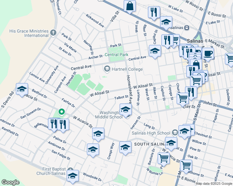 map of restaurants, bars, coffee shops, grocery stores, and more near 481 West Alisal Street in Salinas