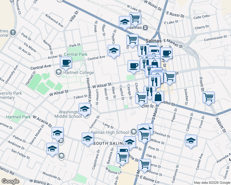map of restaurants, bars, coffee shops, grocery stores, and more near 325 Riker Street in Salinas