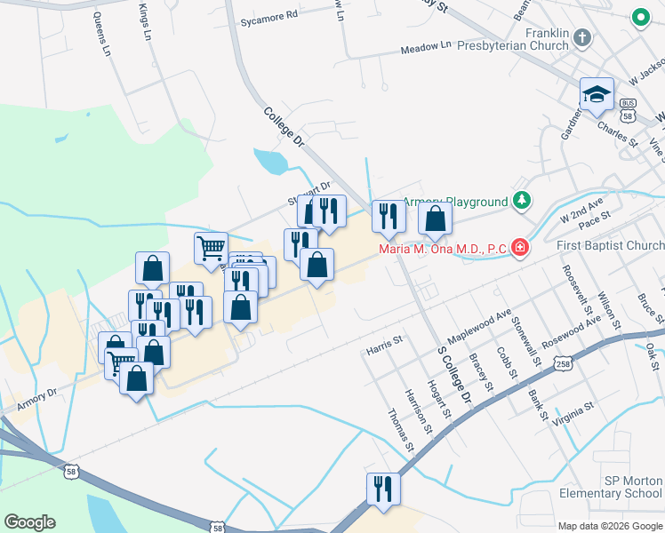 map of restaurants, bars, coffee shops, grocery stores, and more near 1130 Armory Drive in Franklin