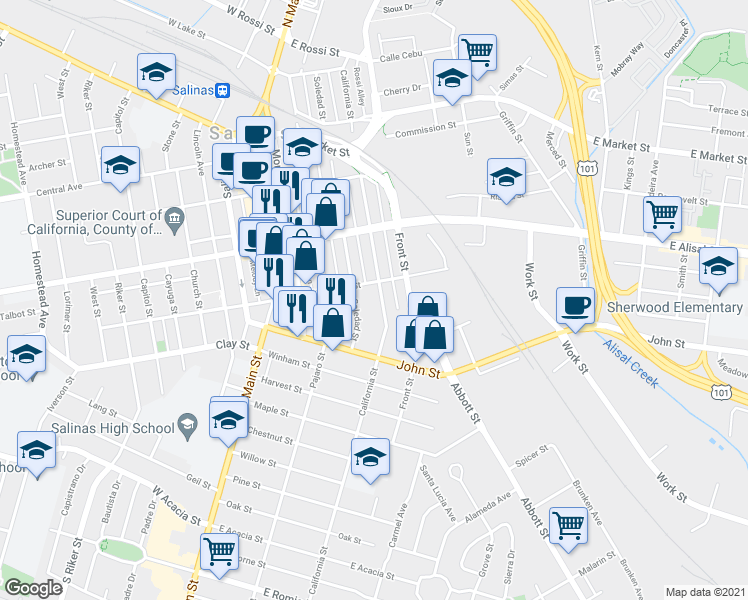 map of restaurants, bars, coffee shops, grocery stores, and more near 418 California Street in Salinas