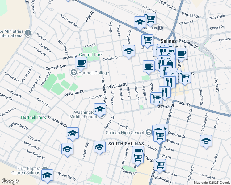map of restaurants, bars, coffee shops, grocery stores, and more near 318 Lorimer Street in Salinas