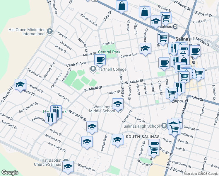 map of restaurants, bars, coffee shops, grocery stores, and more near 481 West Alisal Street in Salinas