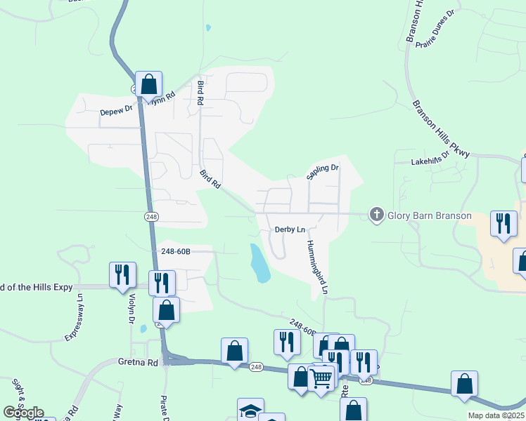 map of restaurants, bars, coffee shops, grocery stores, and more near 1698 Bird Road in Branson