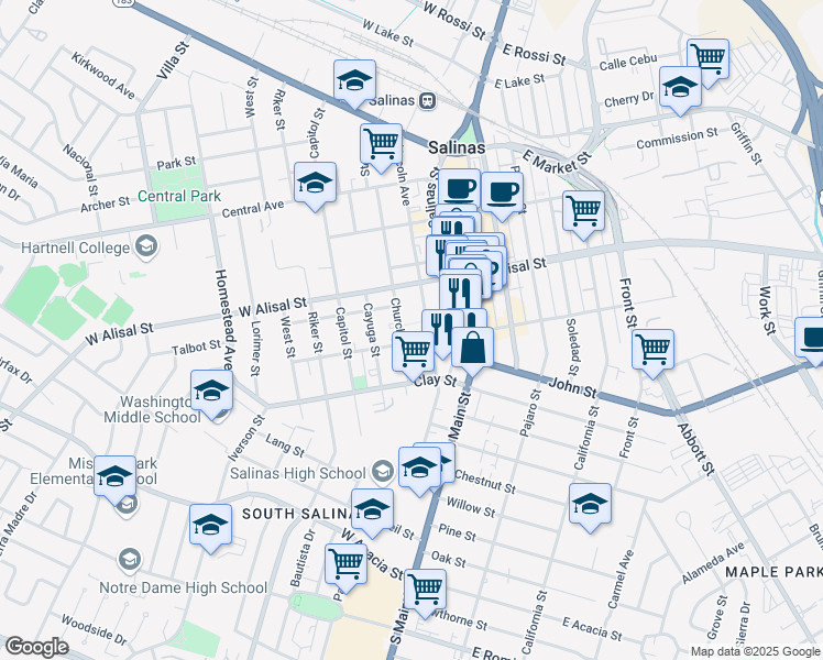 map of restaurants, bars, coffee shops, grocery stores, and more near 350 Lincoln Avenue in Salinas