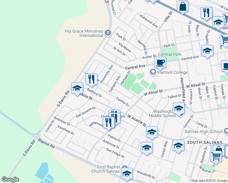 map of restaurants, bars, coffee shops, grocery stores, and more near 767 Lemos Avenue in Salinas