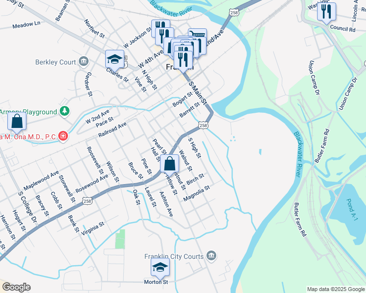map of restaurants, bars, coffee shops, grocery stores, and more near 404 Walnut Street in Franklin