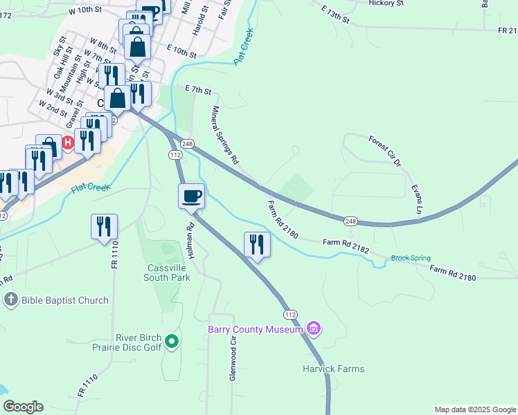 map of restaurants, bars, coffee shops, grocery stores, and more near 501 Farm Road 2182 in Cassville
