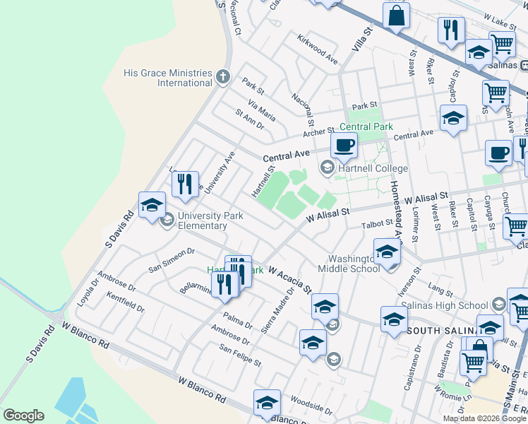 map of restaurants, bars, coffee shops, grocery stores, and more near 749 College Drive in Salinas