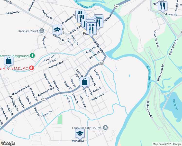 map of restaurants, bars, coffee shops, grocery stores, and more near 404 Walnut Street in Franklin