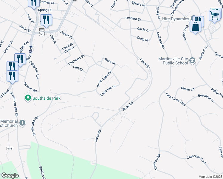 map of restaurants, bars, coffee shops, grocery stores, and more near 909 Childress Drive in Martinsville
