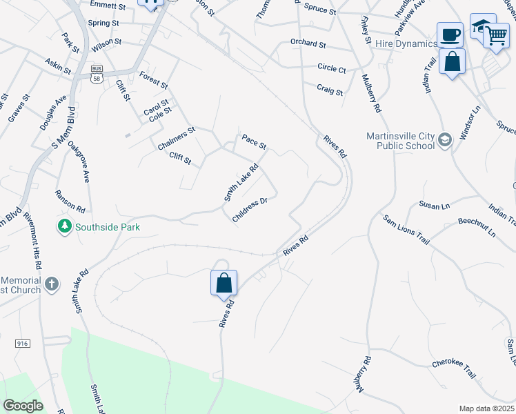 map of restaurants, bars, coffee shops, grocery stores, and more near 909 Childress Drive in Martinsville