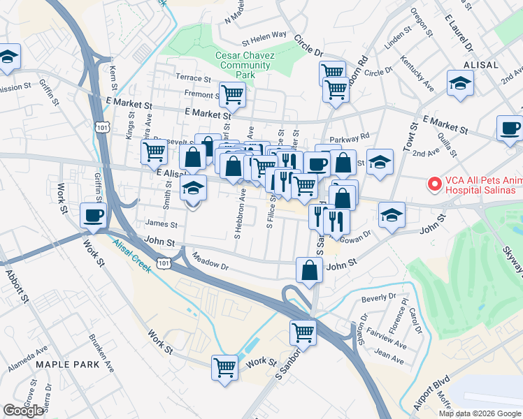 map of restaurants, bars, coffee shops, grocery stores, and more near 805 Garden Way in Salinas