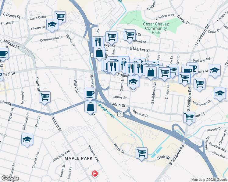 map of restaurants, bars, coffee shops, grocery stores, and more near 516 Santa Maria Street in Salinas