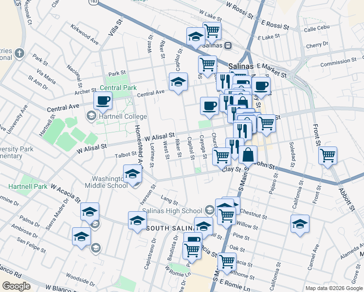 map of restaurants, bars, coffee shops, grocery stores, and more near 325 Riker Street in Salinas