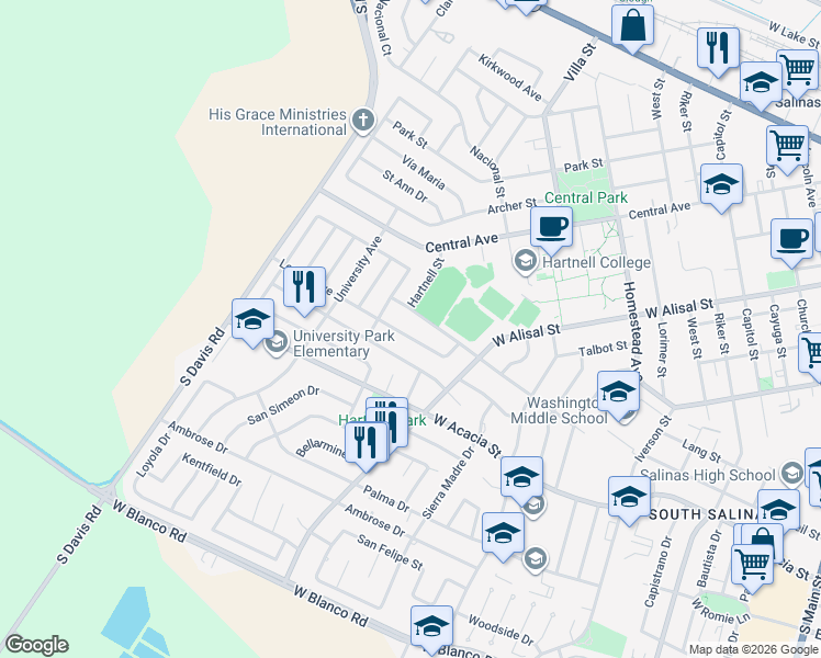 map of restaurants, bars, coffee shops, grocery stores, and more near 749 College Drive in Salinas
