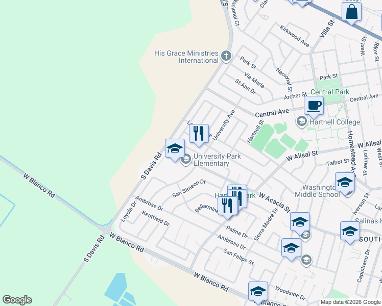 map of restaurants, bars, coffee shops, grocery stores, and more near 830 West Acacia Street in Salinas