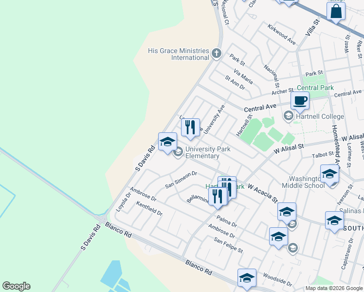 map of restaurants, bars, coffee shops, grocery stores, and more near 830 West Acacia Street in Salinas