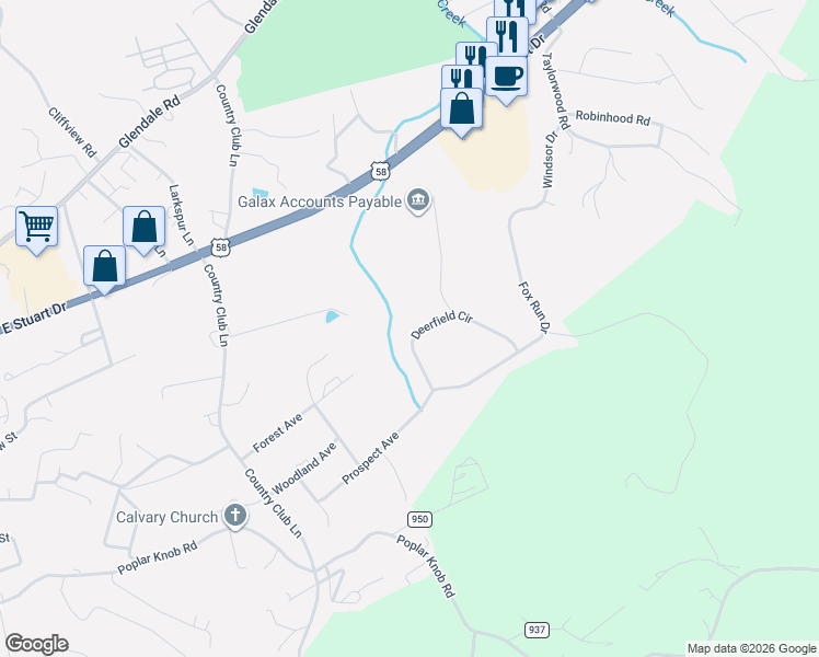 map of restaurants, bars, coffee shops, grocery stores, and more near 101-113 Deerfield Circle in Galax