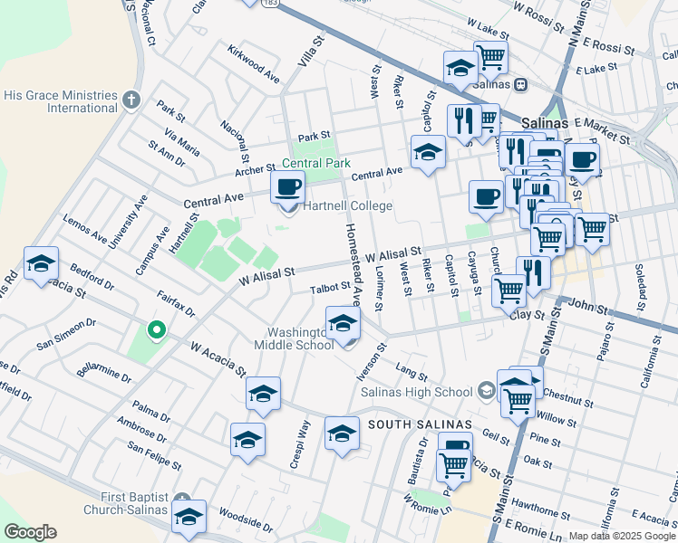 map of restaurants, bars, coffee shops, grocery stores, and more near 431 West Alisal Street in Salinas