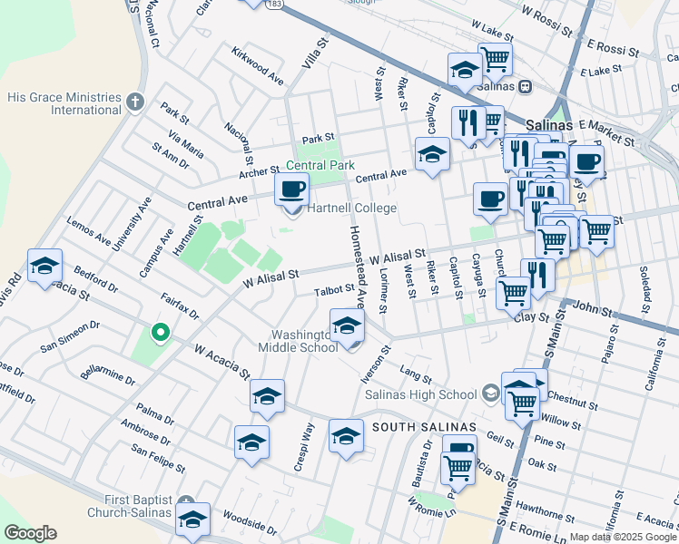 map of restaurants, bars, coffee shops, grocery stores, and more near 431 West Alisal Street in Salinas