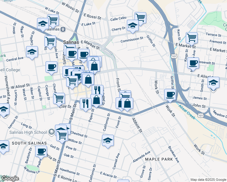 map of restaurants, bars, coffee shops, grocery stores, and more near 418 California Street in Salinas