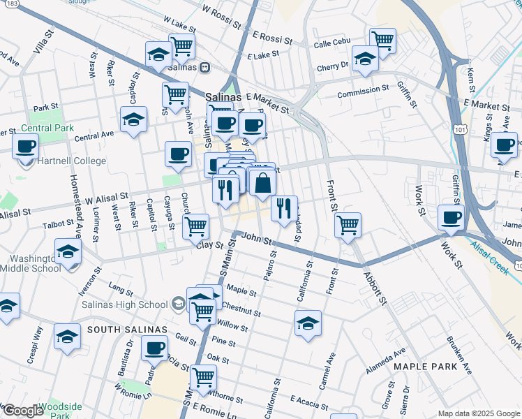 map of restaurants, bars, coffee shops, grocery stores, and more near 401 Monterey Street in Salinas