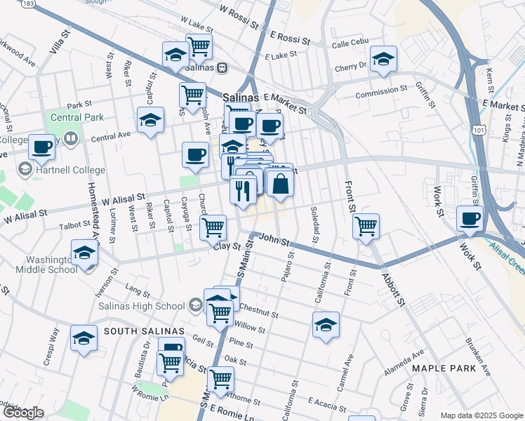 map of restaurants, bars, coffee shops, grocery stores, and more near 405 Main Street in Salinas
