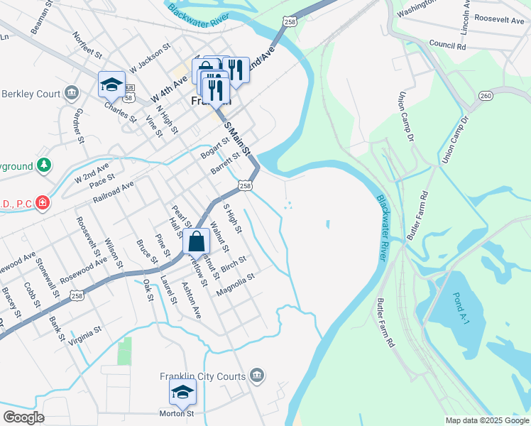 map of restaurants, bars, coffee shops, grocery stores, and more near 151 Broad Street in Franklin