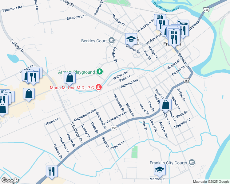 map of restaurants, bars, coffee shops, grocery stores, and more near 1503 Railroad Avenue in Franklin