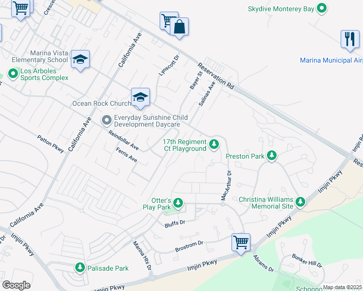 map of restaurants, bars, coffee shops, grocery stores, and more near 3079 Arroyo Drive in Marina