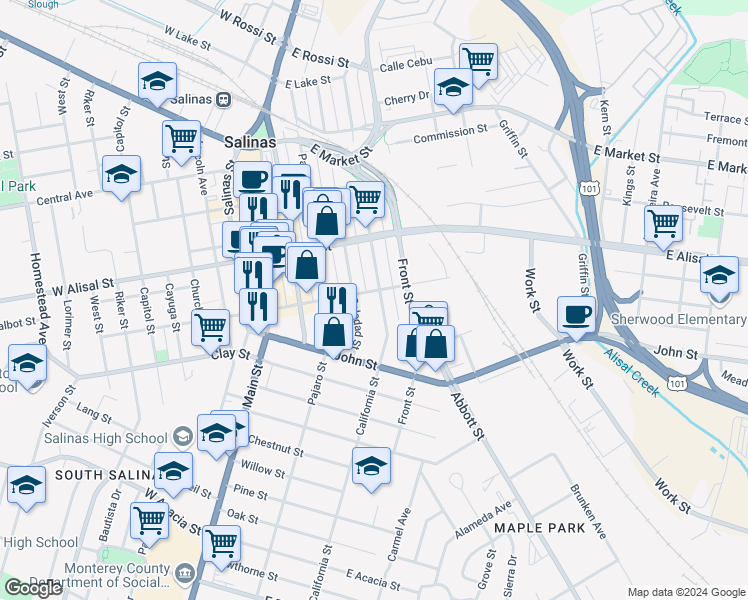map of restaurants, bars, coffee shops, grocery stores, and more near 418 California Street in Salinas