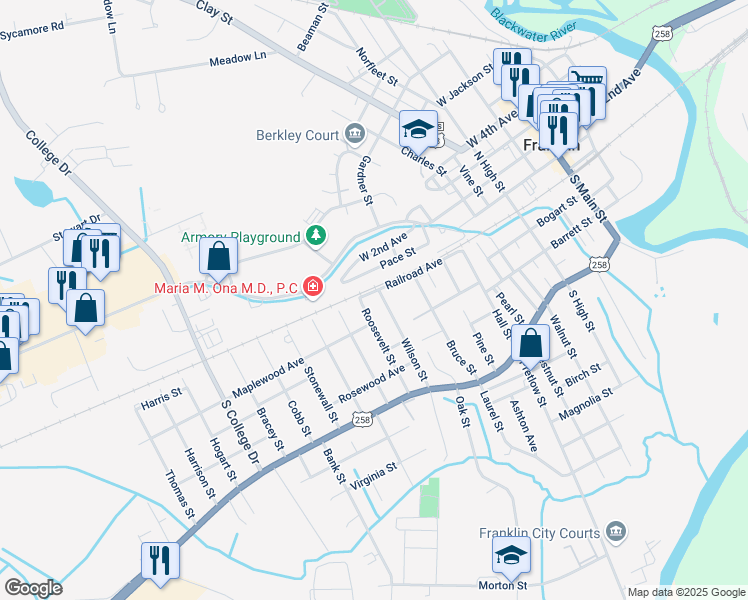 map of restaurants, bars, coffee shops, grocery stores, and more near 1503 Railroad Avenue in Franklin