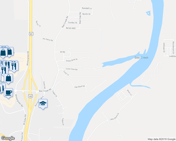 map of restaurants, bars, coffee shops, grocery stores, and more near 7847 Cozy Cove Road in Branson