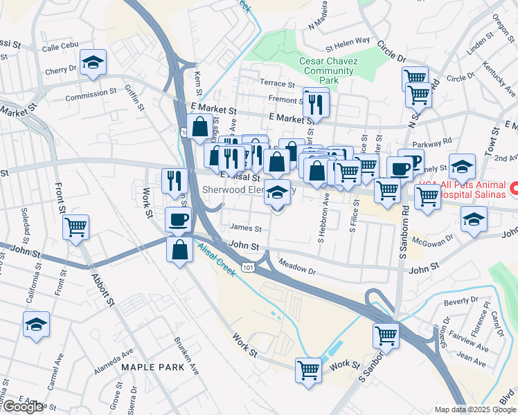 map of restaurants, bars, coffee shops, grocery stores, and more near 550 Santa Maria Street in Salinas